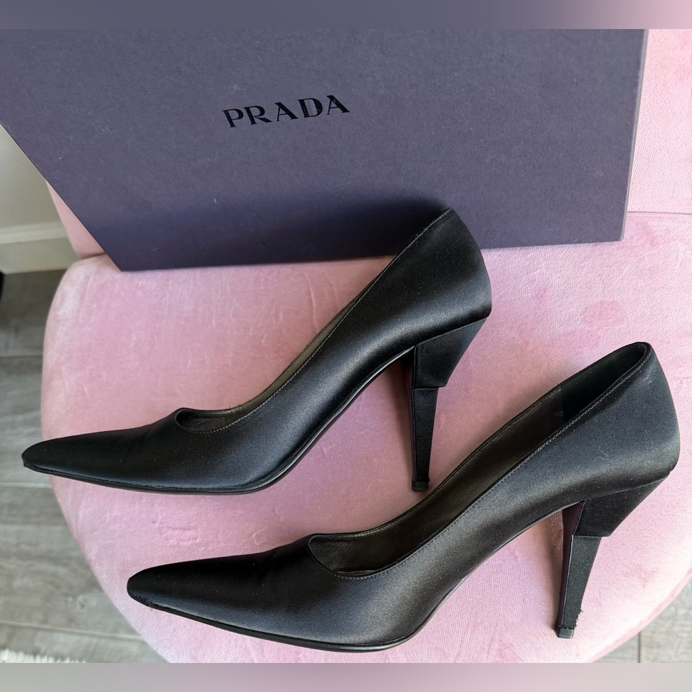 Prada Sleek Black Satin Women's Heels Sz 39.5